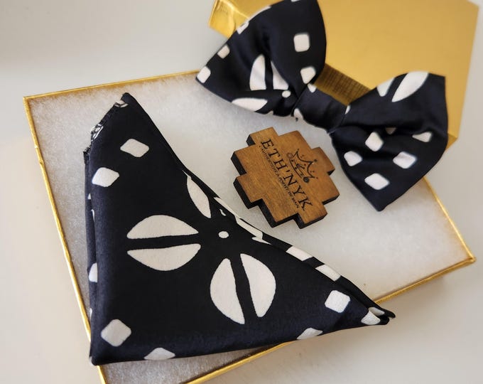 Wax print silk bow tie and pocket square, Adjustable bow tie and wax suit pocket for wedding or ceremony - BOGOLAN