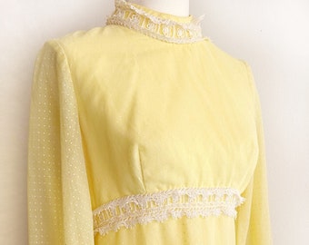 Vintage 1970s 70s Yellow Dotted Swiss Lace Trim Maxi Dress