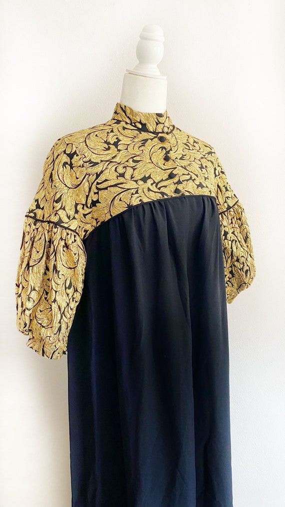 Vintage 1960s 60s Black and Gold Lame Puff Sleeve 