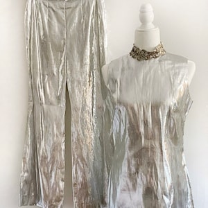 Vintage 1960s 60s RARE Space Age Plata Metálico 2 piezas Vestido Túnica y Pantalones Set