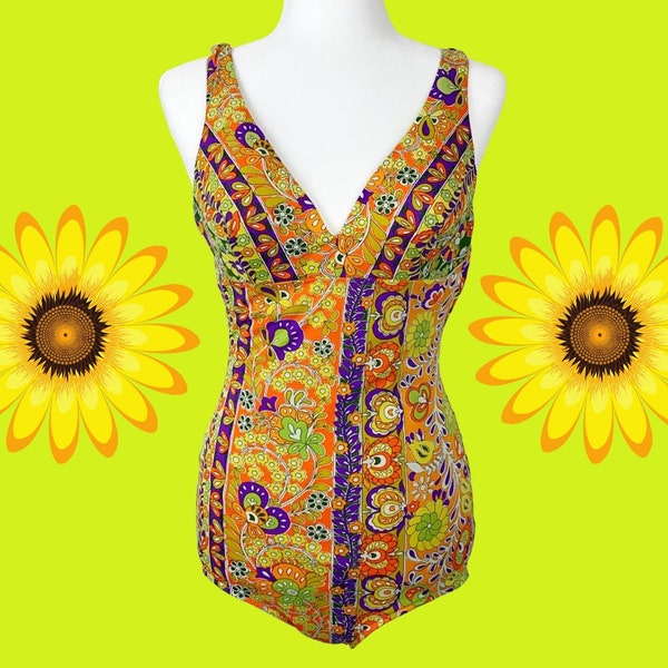 Vintage 1960s 60s Rose Marie Reid Psychedelic Floral One Piece Swimsuit