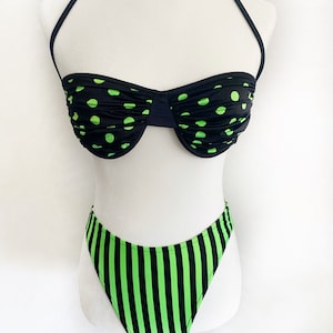 Vintage 1980s 80s Neon Green Polka Dot and Stripe Bikini Set