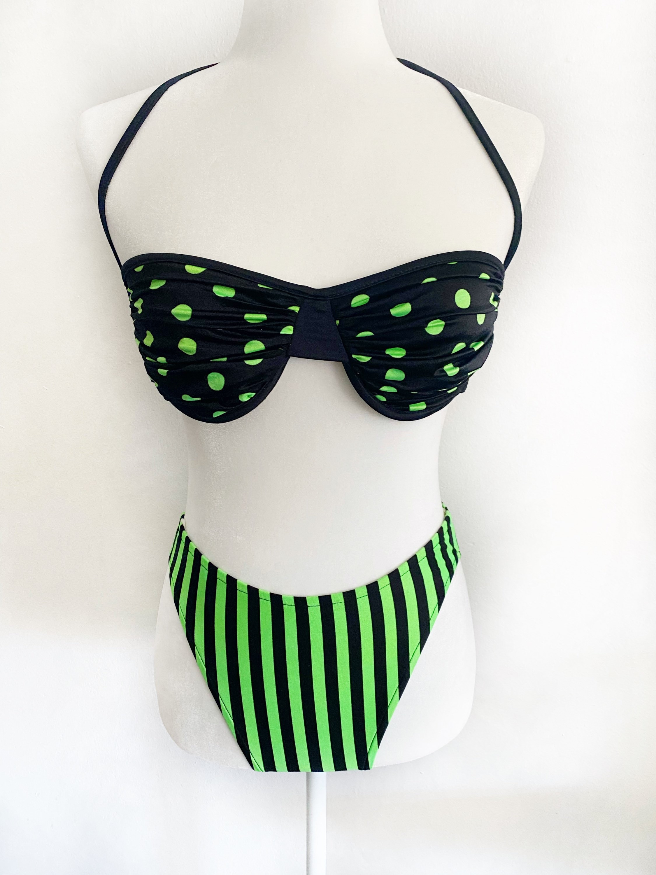 Vintage 1980s 80s Neon Green Polka Dot and Stripe Bikini Set