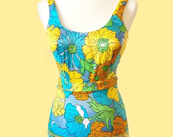 Vintage 1960s 60s RARE Rose Marie Reid Floral One Piece Bathing Suit Swimsuit
