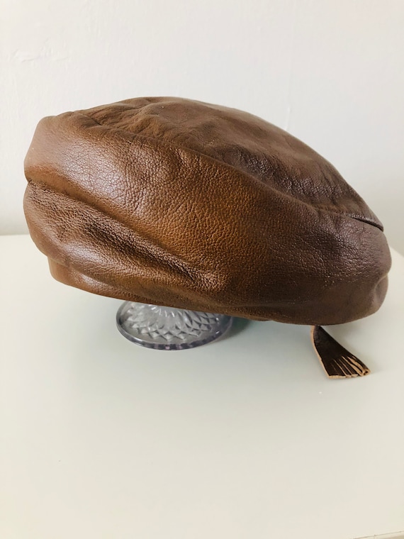60s Yves Saint Laurent YSL Brown Leather Beret wit