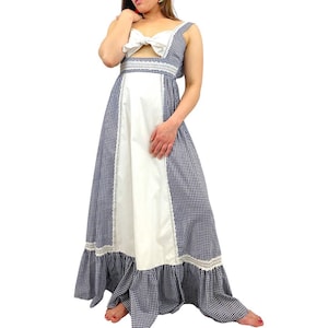 Vintage Gunne Sax uit de jaren 70, 70, Jessica McClintock, Prairie Cottagecore, marineblauwe maxi-jurk met gingham-ruit