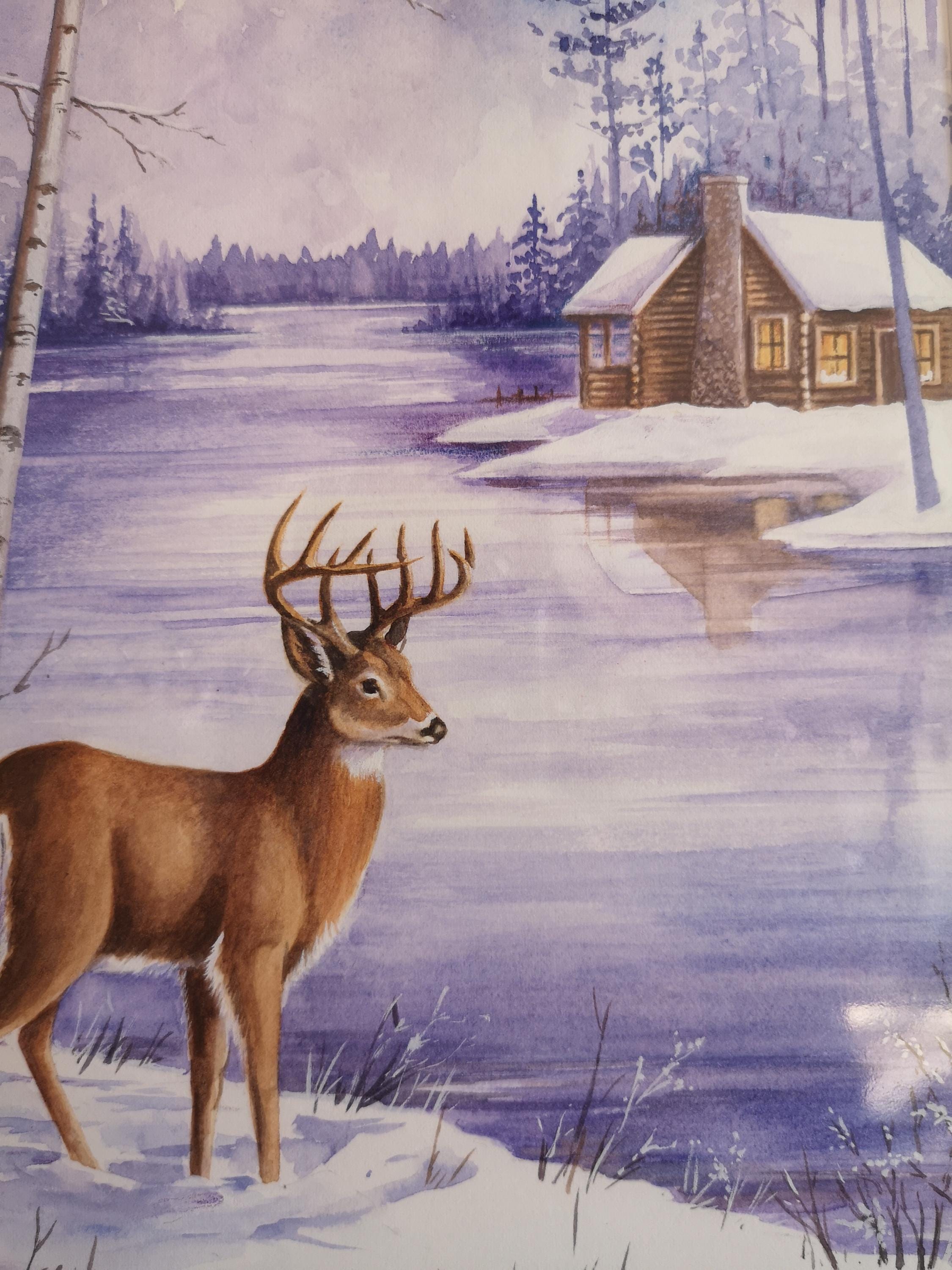 オリジナル水彩画 - 雪の降る冬の風景の中の鹿 - Etsy 日本