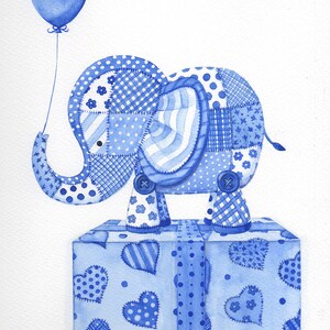 Original Aquarell eines niedlichen Patchwork Elefanten mit Geschenk und Ballon