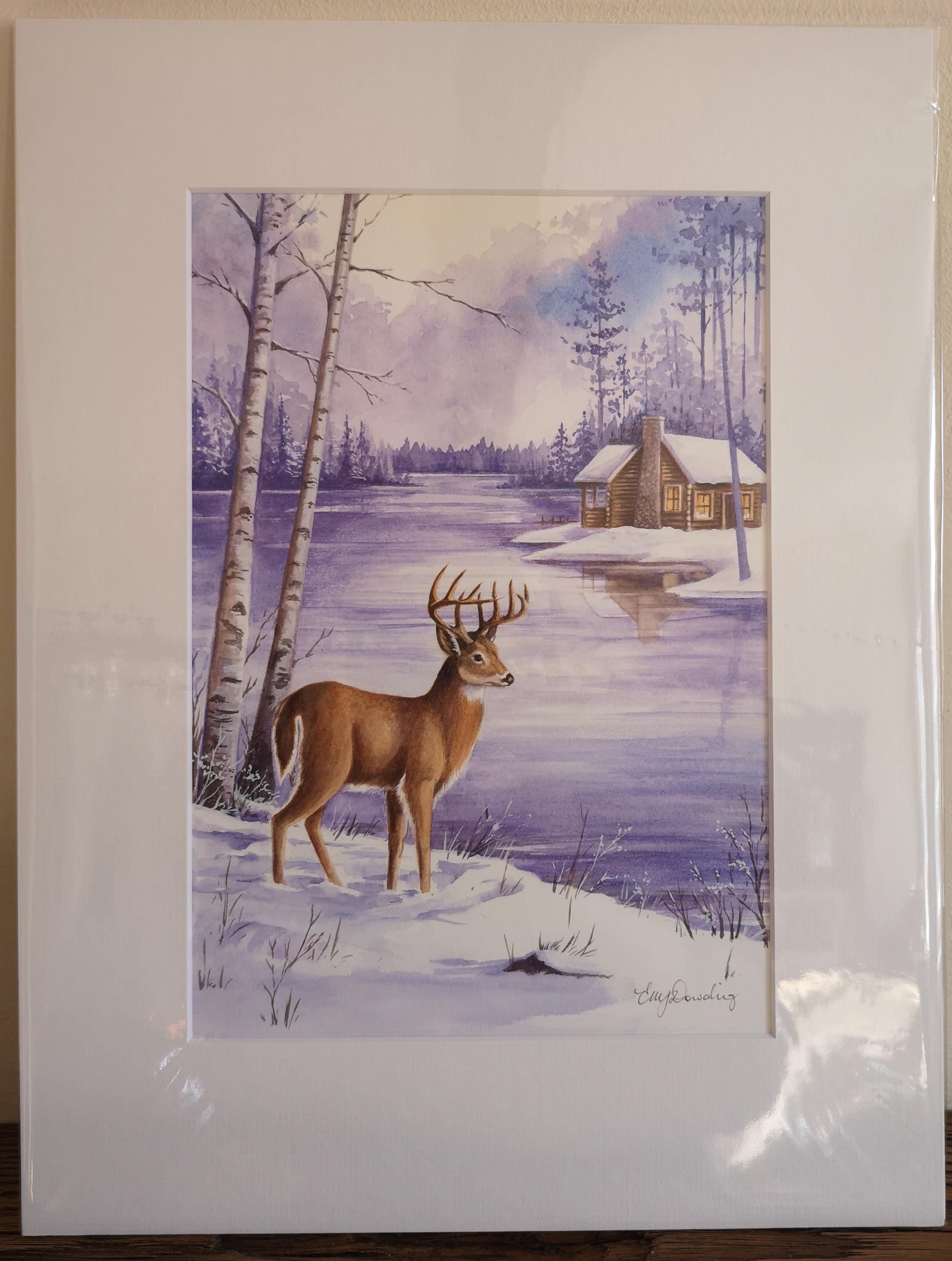 オリジナル水彩画 - 雪の降る冬の風景の中の鹿 - Etsy 日本