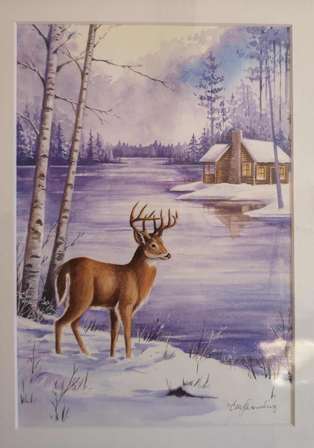 油絵 油彩 油彩画 絵 絵画 【雪景色の中で雪に立つ雄鹿】 油絵 油彩