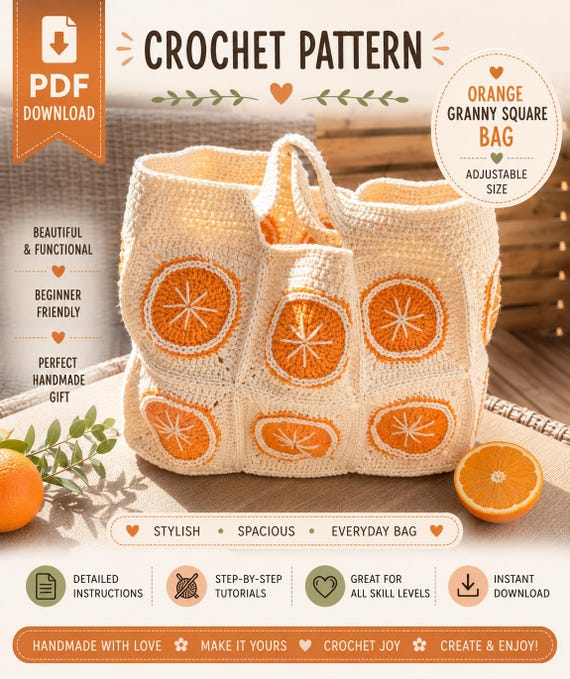 Crochet Granny Square Bag Pattern | Orange Bag Crochet Pattern | Fruit Tote Bag PDF | Boho Market Bag | Summer Purse Pattern