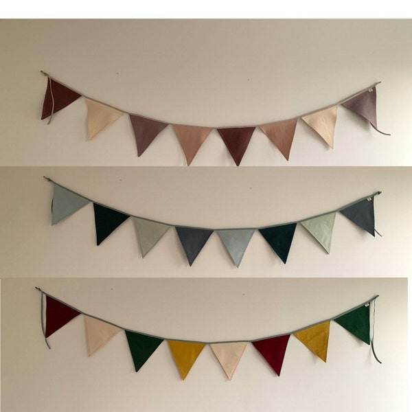 Bunting Banner for Nursery, Cotton Pennant, Flags in Mustard Curry Blue Green Pink Purple Red String Banner