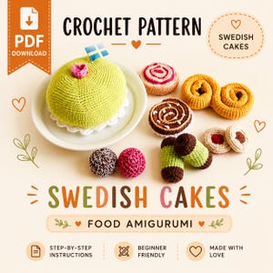Puede incluir: Imagen de pasteles suecos de ganchillo, incluido un pastel verde grande con una bandera sueca y varias pastas. La imagen incluye el texto "CROCHET PATTERN" y "SWEDISH CAKES".