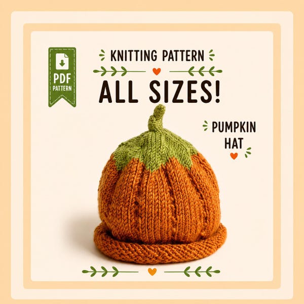 Pompoenmuts breipatroon pdf, alle maten baby kind volwassene, muts halloweenkostuum, herfstbeaniepatroon