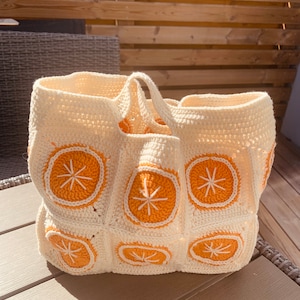 Patrón de bolso naranja de crochet, bolso naranja con cuadrados de abuela, patrón de bolso cuadrado de abuela, patrón de bolso de crochet, patrón de bolso de tamaño ajustable