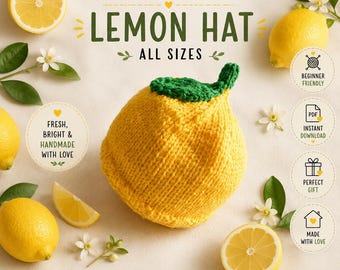 May include: A knitted lemon hat with a green leaf-like top, surrounded by fresh lemons and flowers. The text reads "Knitting Pattern Lemon Hat All Sizes" and includes phrases like "Beginner Friendly" and "Made with Love."