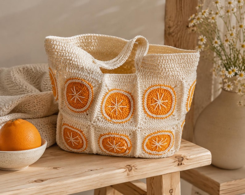 May include: A cream-colored crochet tote bag with orange citrus slice designs. The bag is made of a textured yarn and has a rectangular shape with a handle. An orange sits in a small white bowl on a wooden surface.