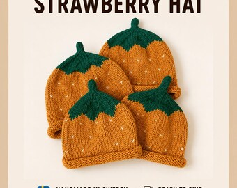 May include: Four knitted hats in a golden yellow colour with green tops and small white V-shaped stitches resembling seeds. The text STRAWBERRY HAT is displayed at the top, with HANDMADE IN SWEDEN and READY TO SHIP at the bottom of the image.