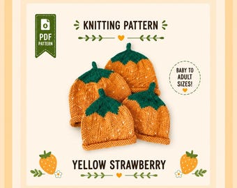 Patrón de tejido de fresa amarilla, tallas para bebés y adultos (descarga en PDF)