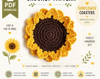 Sunflower Coaster Crochet Pattern PDF, Flower Coaster Pattern, Crochet Home Decor, Cottagecore Decor, Digital Download