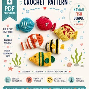 Op de afbeelding: Een haakpatroon voor een Kawaii Fish Bundle met zes ontwerpen. De afbeelding toont zes kleurrijke, handgemaakte haakvissen in verschillende kleuren en patronen. Tekst bevat "PDF Download", "Fun & Cute Play Food" en "Beginner Friendly".