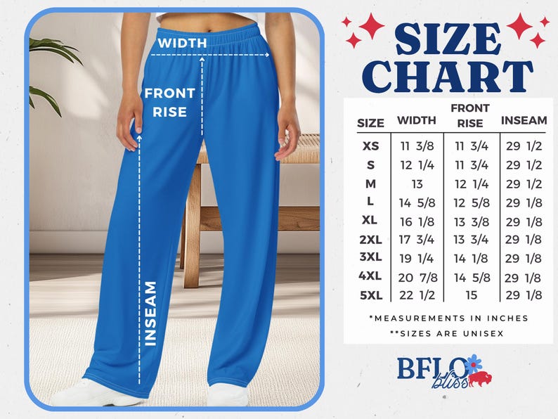 Op de afbeelding: Blauwe broek met een maattabel. De tabel toont afmetingen in inches voor breedte, voorkant en binnenbeenlengte, van XS tot 5XL. De tekst "MEASUREMENTS IN INCHES" en "SIZES ARE UNISEX" zijn ook opgenomen.