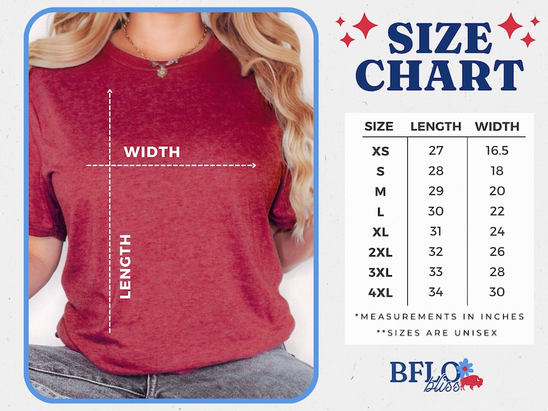 May include: A heathered red t-shirt with a size chart displaying length and width measurements in inches for sizes XS through 4XL. The chart includes columns for size, length, and width, with a note stating measurements are in inches and sizes are unisex.