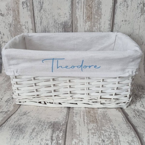 Personalised baby storage basket/ white wicker basket/ baby gift/ nursery/baby shower/ new baby/ storage/ organiser/ gift hamper