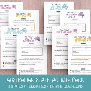 May include: A colorful printable activity pack for learning about the 8 states and territories of Australia. Each page features a map of the state or territory, along with questions and facts about the region. The title of the pack is "Australian State Activity Pack 8 States & Territories Instant Download".