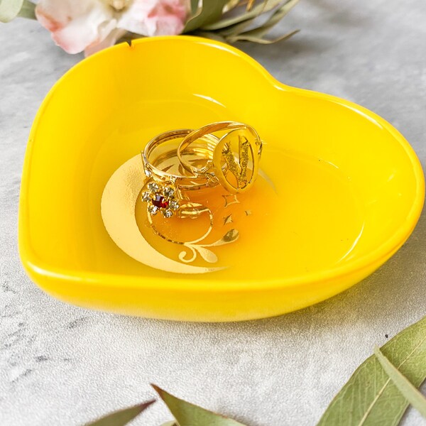 Yellow Heart Shaped Mini Ring Dish/Trinket Dish with crescent moon foil