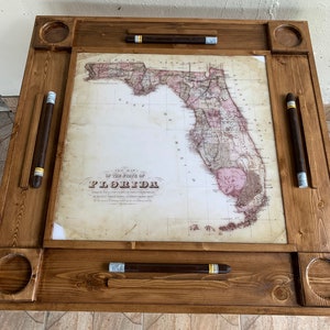 Big Wood Domino Table 36x36, folding legs.  Handmade in USA. Old Florida Map