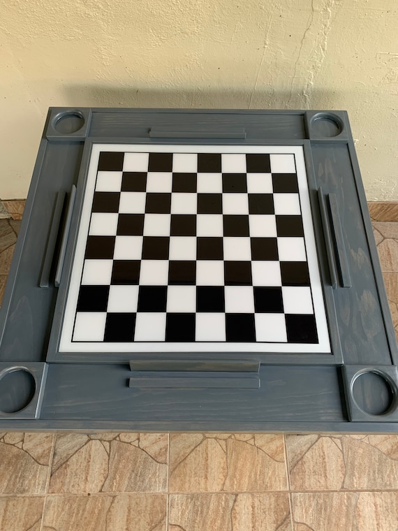 Game Table with Jumbo Sized Chess and Checker Game Pieces