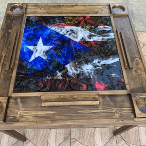 Wood Domino Table. Puerto Rico Flag design. Wood legs fold easy. We can customized!