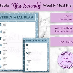Planificador de comidas semanal de blue Serenity imprimible / Inicio de domingo o lunes, con o sin opción de refrigerio / Carta, A4 o A5 / PDF o JPG