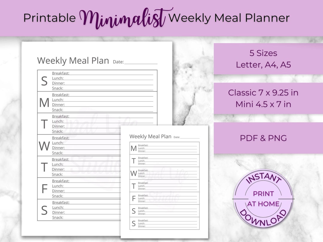 Minimalist Weekly Meal Planner | Printable Meal Prep Menu Plan ...