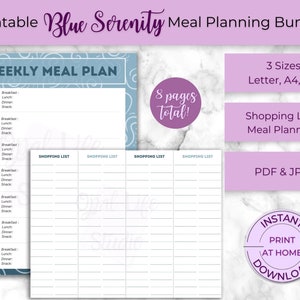 Paquete de plan de comidas semanal blue Serenity imprimible / Planificadores de comidas semanales y listas de compras / Carta, A4 o A5 / PDF o JPG