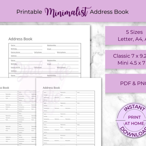 Minimalist Address Book Printable | Contact List Planner Inserts | PDF & PNG | Big Classic Mini Happy | US Letter A4 A5 | Phonebook Rolodex