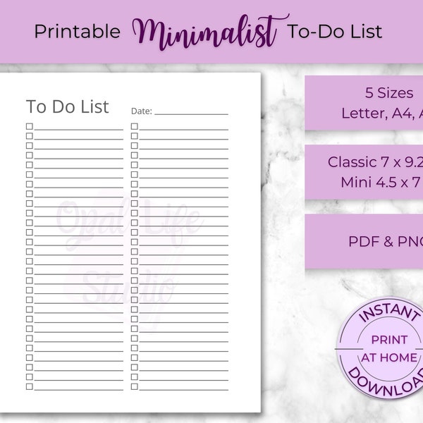 Minimalist To Do List - Simple Printable Daily Checklist and Productivity Planner | Task List Print At Home | Get Organized | Minimal Style
