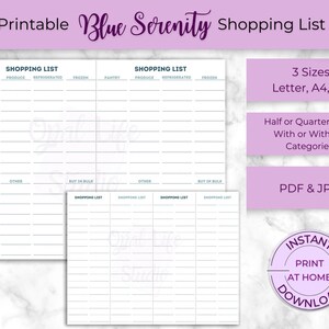 Listas de compras imprimibles Blue Serenity / Cuarto o media página, con o sin etiquetas / Carta, A4 o A5 / PDF o JPG