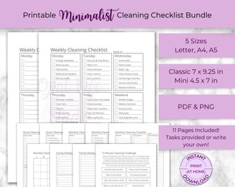 Minimalist Cleaning Checklist By Task | Daily and Deep Cleaning Planner Inserts | PDF & PNG | Big Classic Mini Happy | ADHD Household Chores
