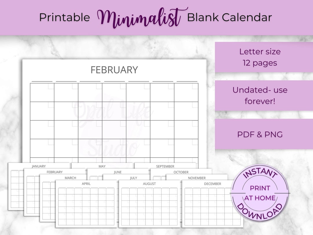 Printable Blank Calendar 4 Monthly Planner Simple & Minimal Letter ...