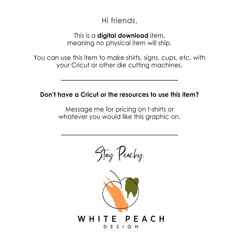 K&ouml;nnte beinhalten: Ein digitales Download-Grafikdesign f&uuml;r einen Pfirsich mit dem Text "Stay Peachy" und "White Peach Design".
