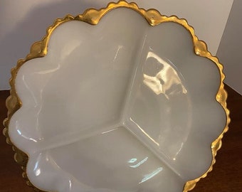 Vintage Fire King Divided Dish White with Gold Trim