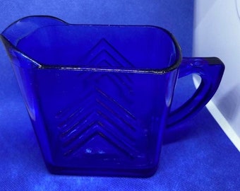 Hazel Atlas Chevron Pattern Cobalt Blue Glass Creamer