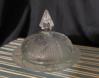 Jeanette Glass Iris and Herringbone Round Butter Dish