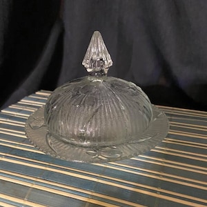 Jeanette Glass Iris and Herringbone Round Butter Dish