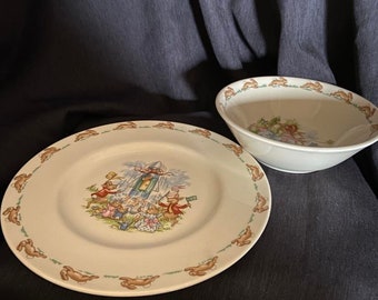 Royal Doulton Bunnykins 2 Piece Set Rocket Launch, Flying Kites Salad Plate & Bowl