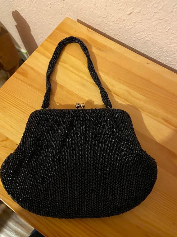 Black Floral Beaded Handbag 1960s Evening Bag