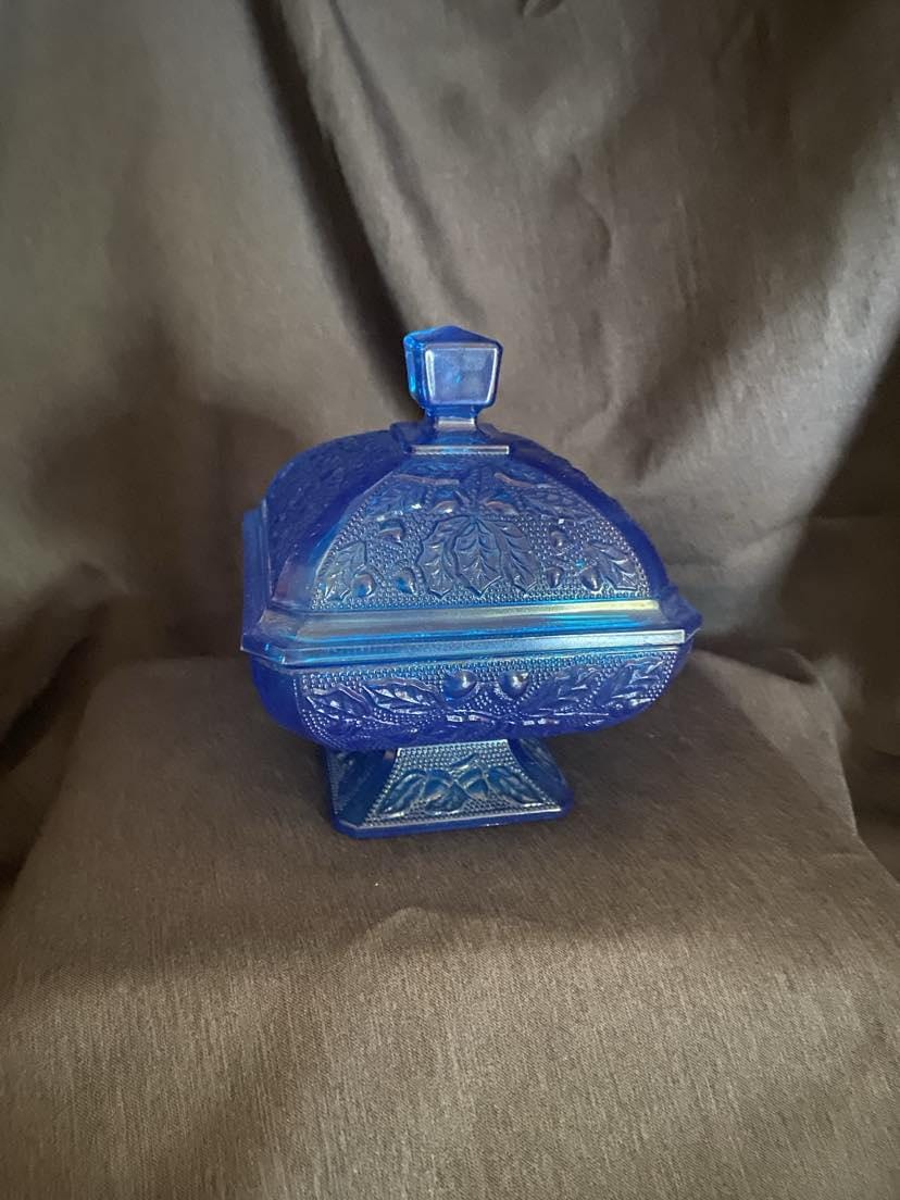 Jeanette Glass Acorns & Oak Leaves Blue Footed Candy Dish With Lid