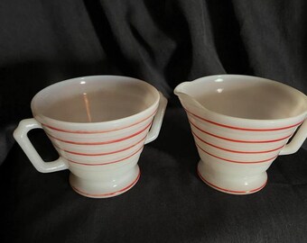 Hazel Atlas Moderntone Red & White Stripe Sugar and Creamer